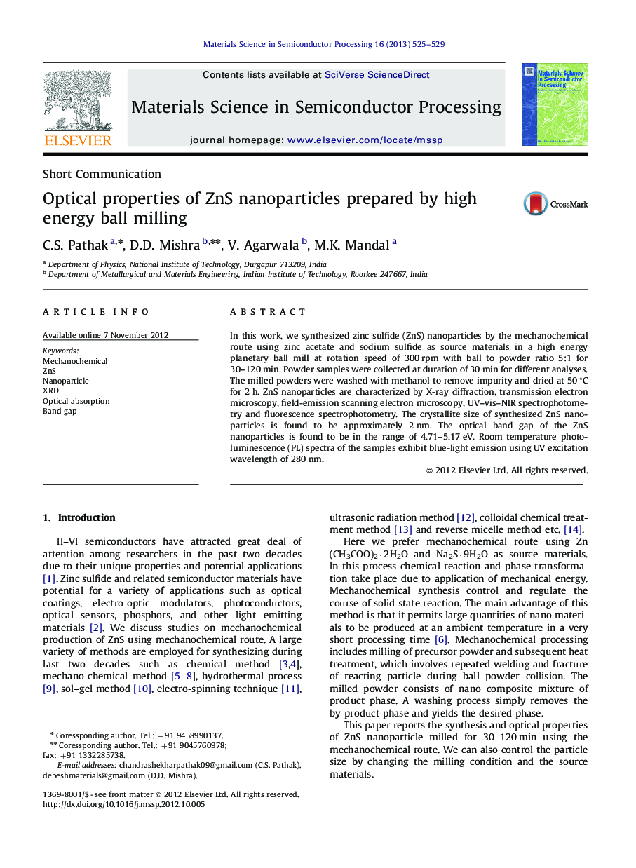 Optical properties of ZnS nanoparticles prepared by high energy ball milling