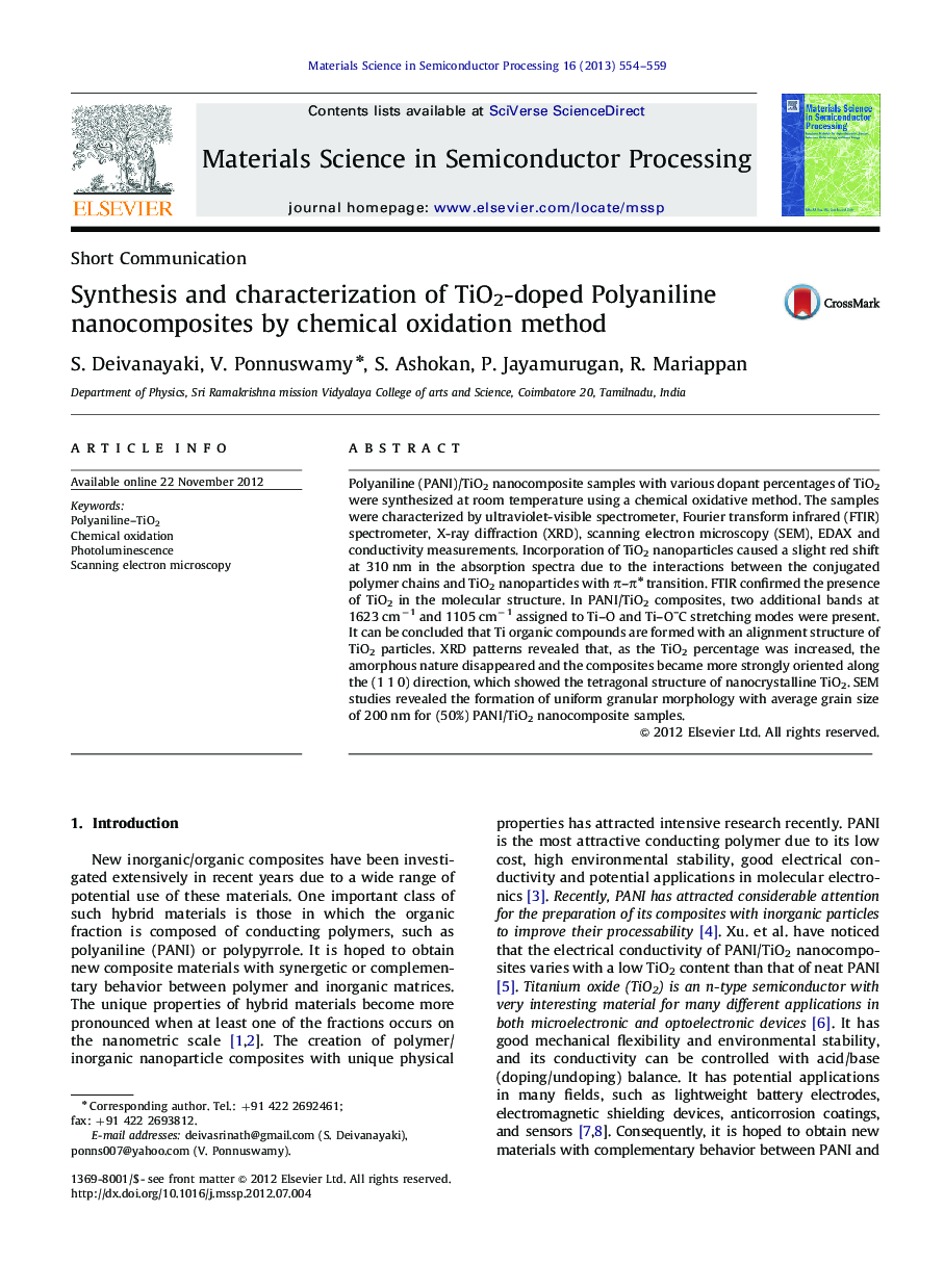 Synthesis and characterization of TiO2-doped Polyaniline nanocomposites by chemical oxidation method