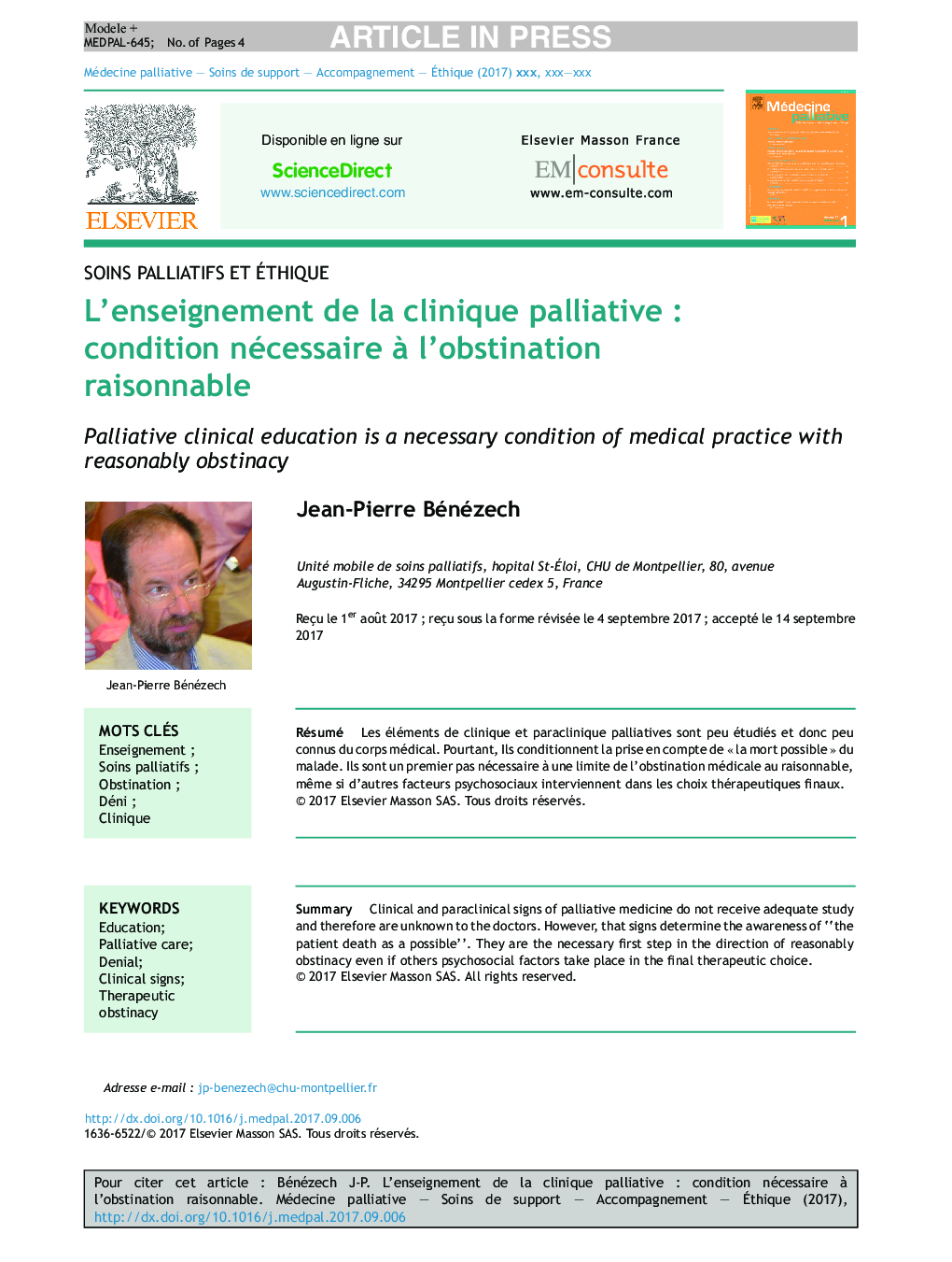 L'enseignement de la clinique palliativeÂ : condition nécessaire Ã  l'obstination raisonnable