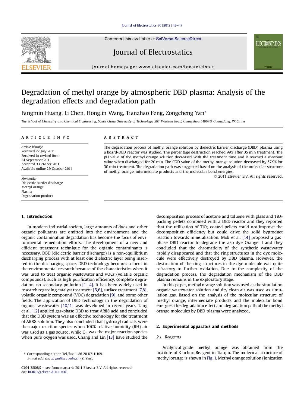 Degradation of methyl orange by atmospheric DBD plasma: Analysis of the degradation effects and degradation path