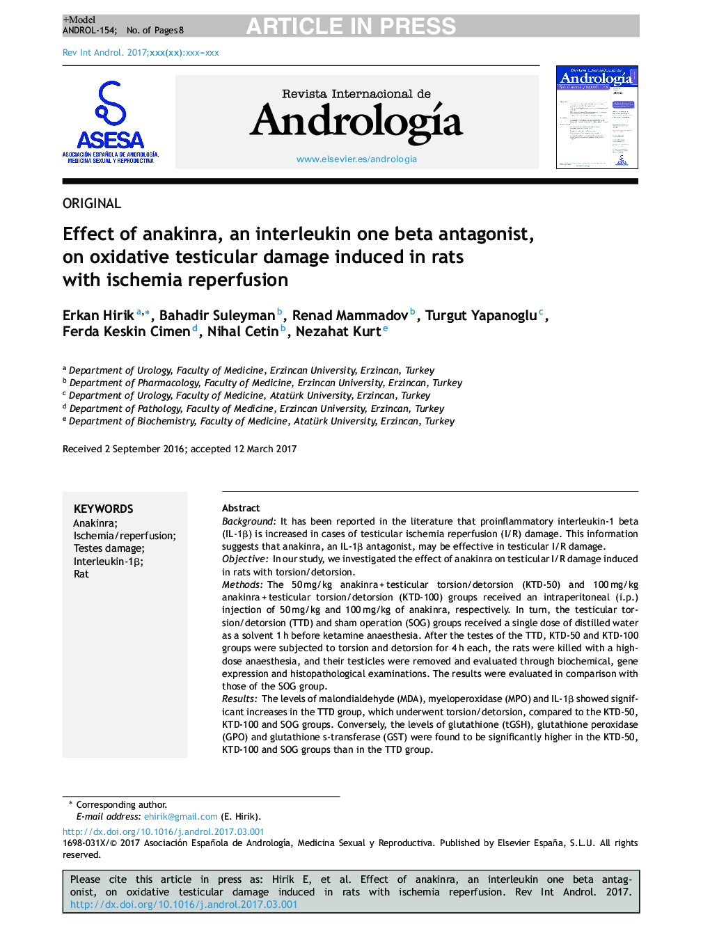 اثر آناکینرا، یک آنتاگونیست بتاتال اینترلوکین بتا بر آسیب ادرارآوری بیضه ناشی از موشهای صحرایی با ریفرژی ایسکمی 