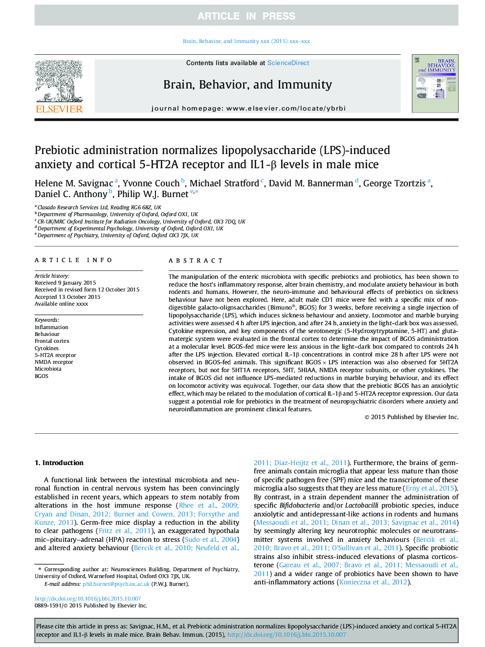 Prebiotic administration normalizes lipopolysaccharide (LPS)-induced anxiety and cortical 5-HT2A receptor and IL1-Î² levels in male mice