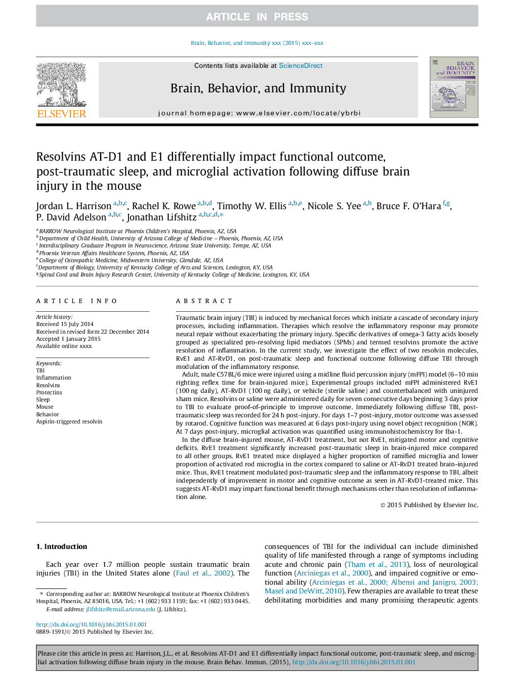 Resolvins AT-D1 and E1 differentially impact functional outcome, post-traumatic sleep, and microglial activation following diffuse brain injury in the mouse