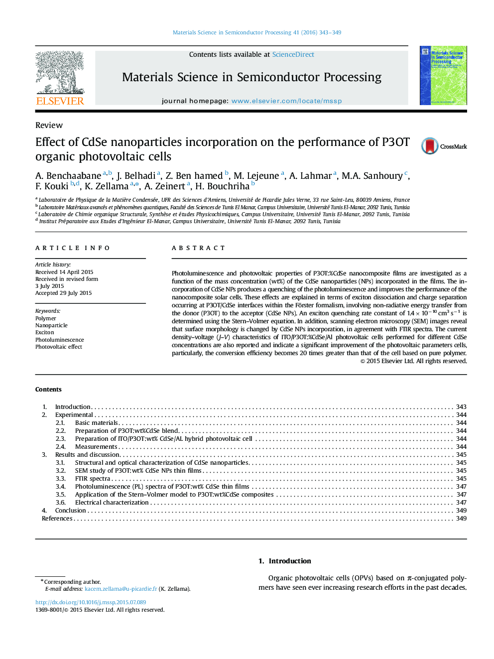 Effect of CdSe nanoparticles incorporation on the performance of P3OT organic photovoltaic cells