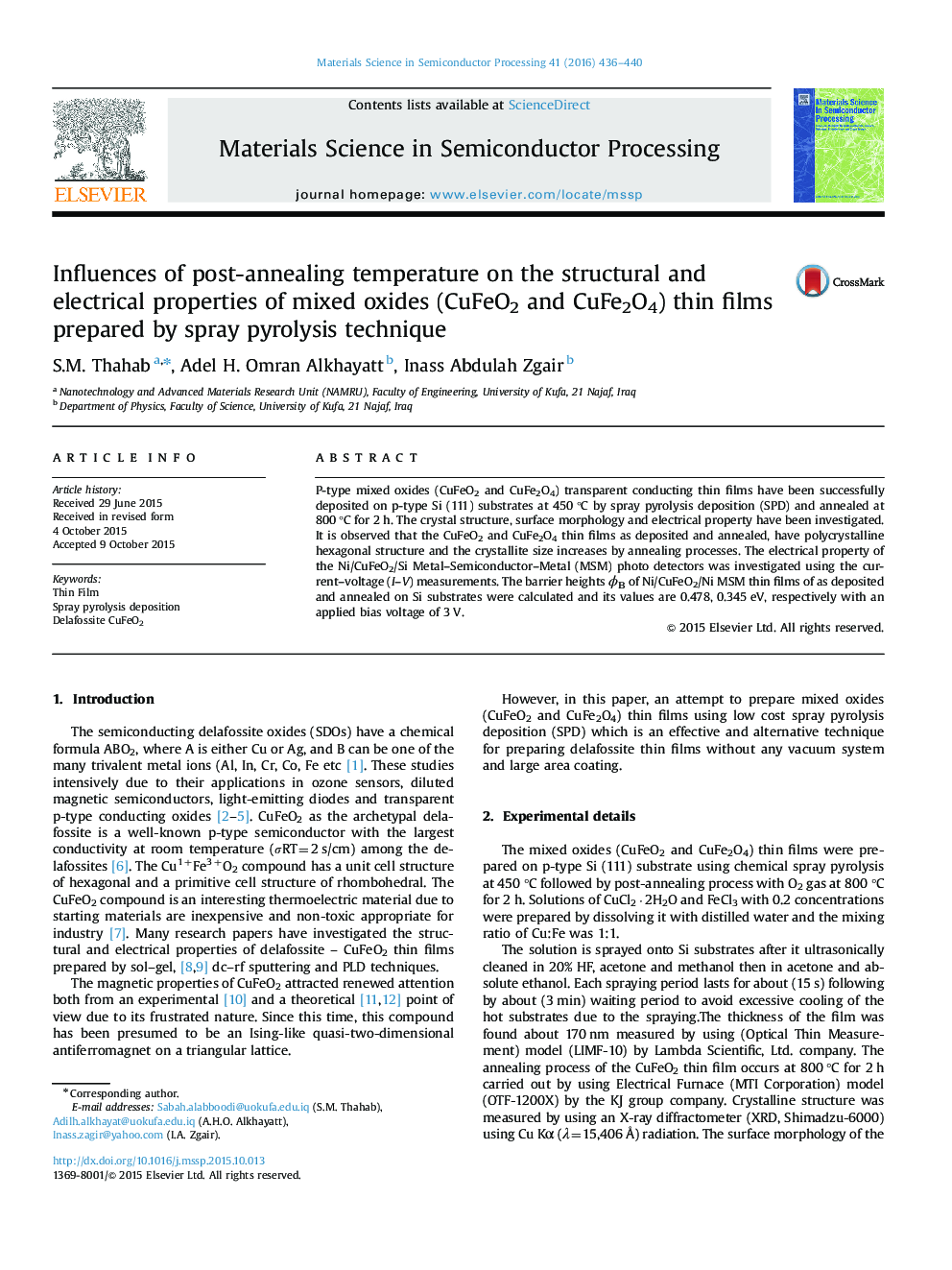 Influences of post-annealing temperature on the structural and electrical properties of mixed oxides (CuFeO2 and CuFe2O4) thin films prepared by spray pyrolysis technique