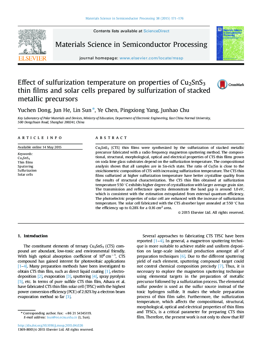 Effect of sulfurization temperature on properties of Cu2SnS3 thin films and solar cells prepared by sulfurization of stacked metallic precursors