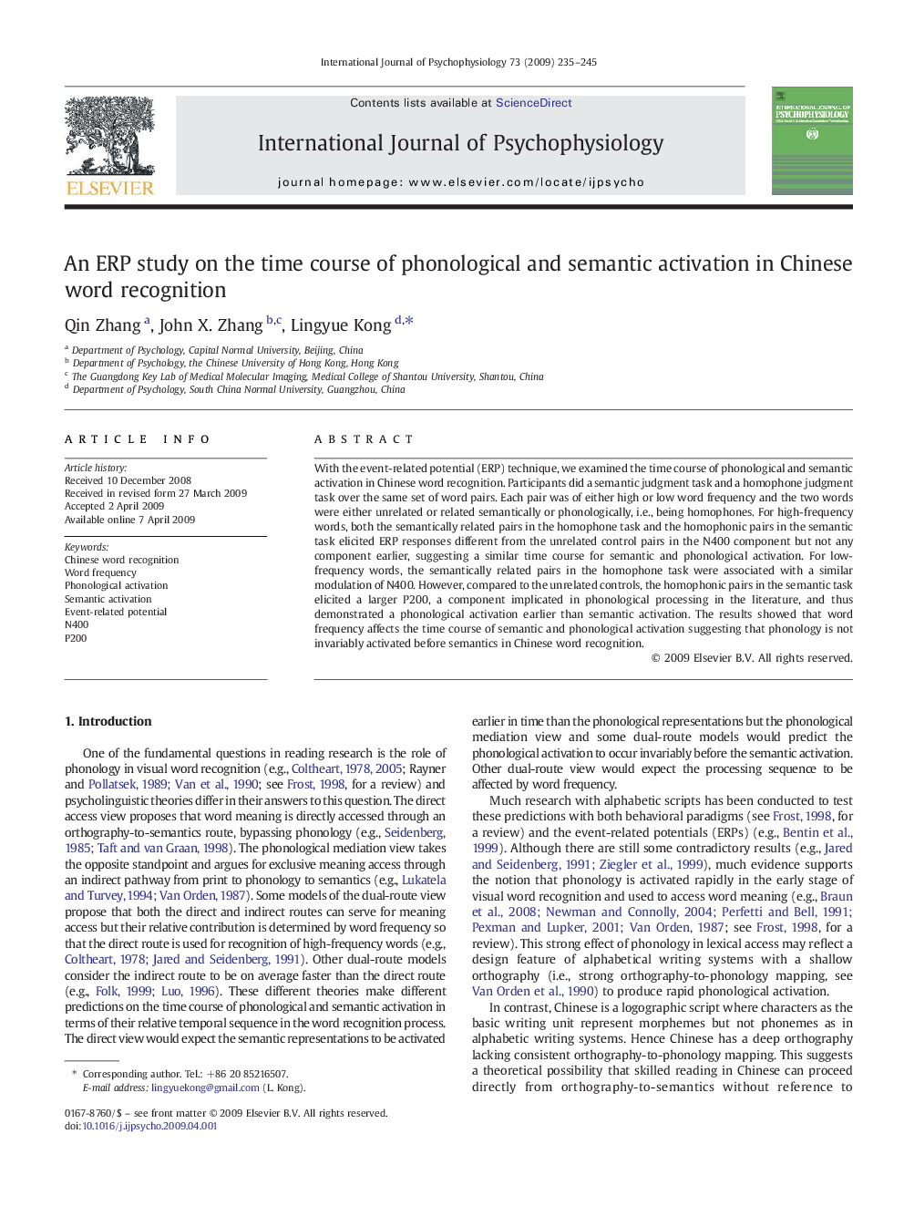 An ERP study on the time course of phonological and semantic activation in Chinese word recognition