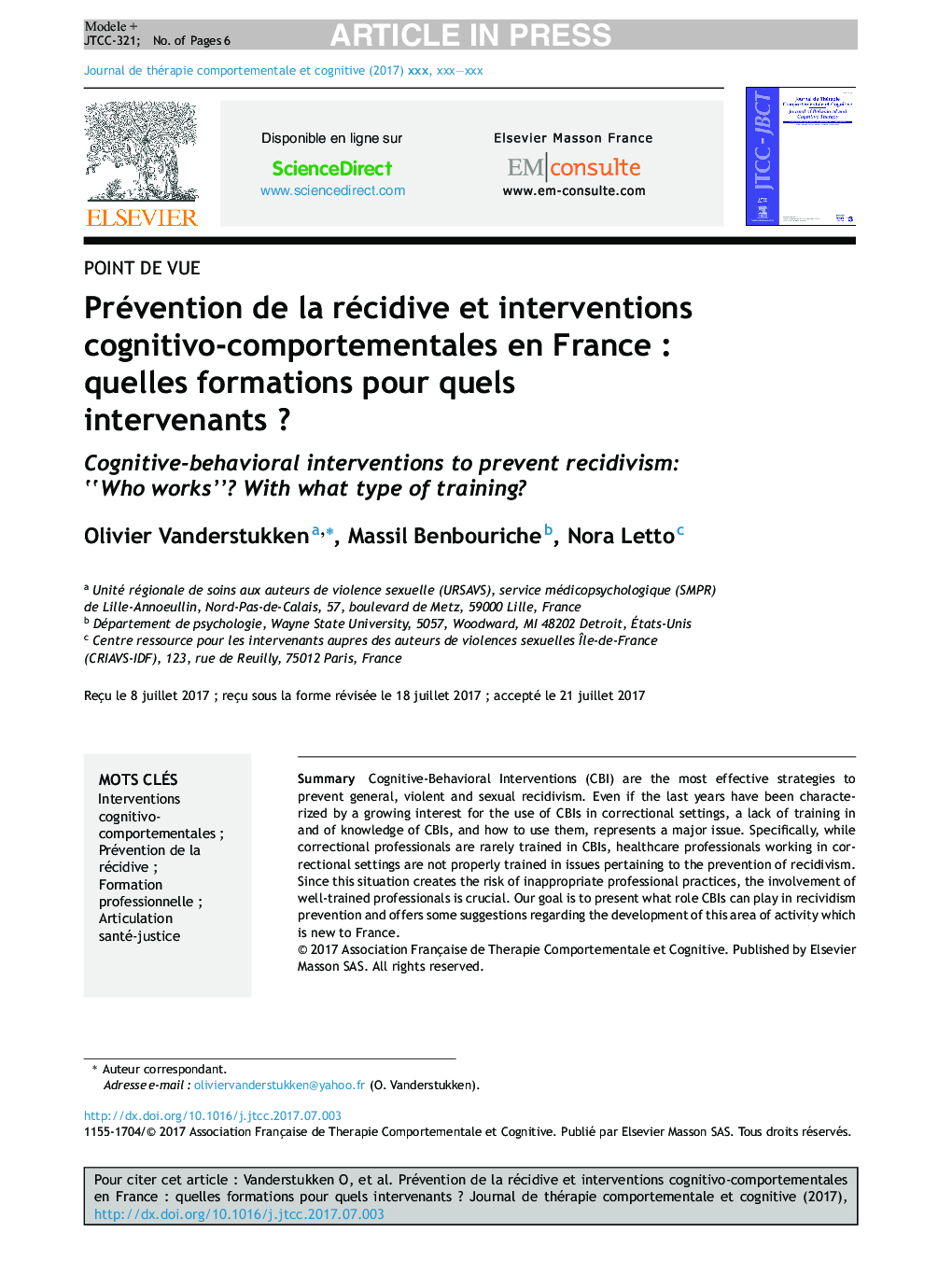 Prévention de la récidive et interventions cognitivo-comportementales en FranceÂ : quelles formations pour quels intervenantsÂ ?