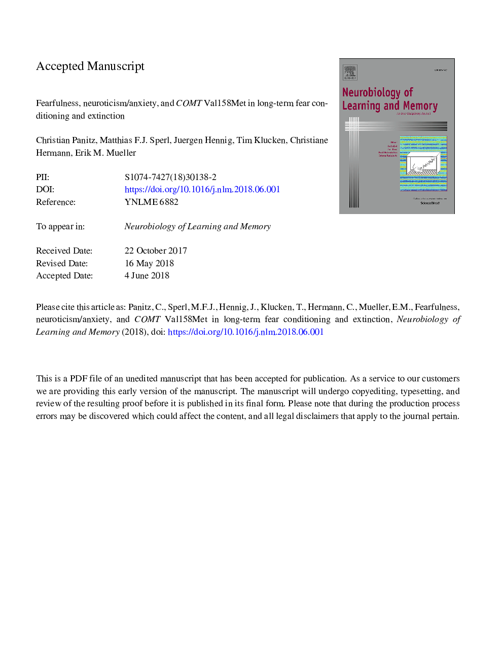 Fearfulness, neuroticism/anxiety, and COMT Val158Met in long-term fear conditioning and extinction