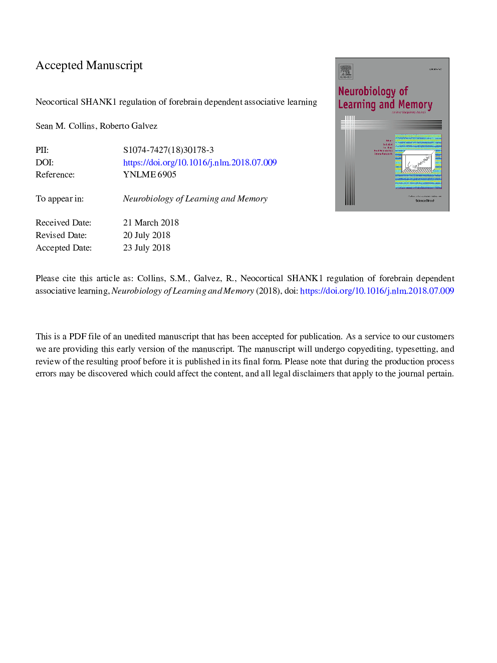 Neocortical SHANK1 regulation of forebrain dependent associative learning