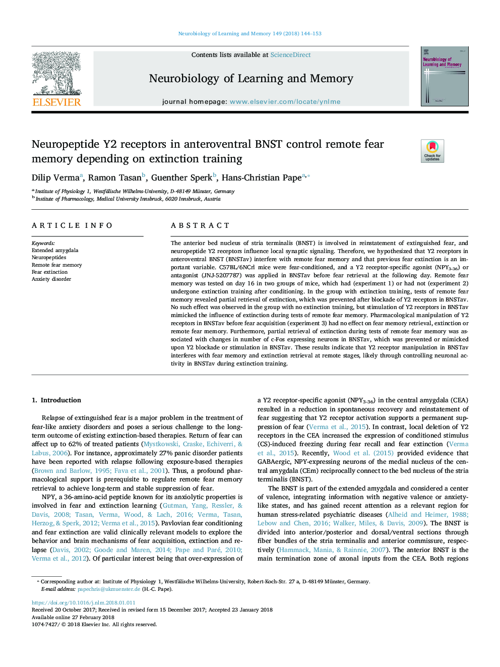 Neuropeptide Y2 receptors in anteroventral BNST control remote fear memory depending on extinction training