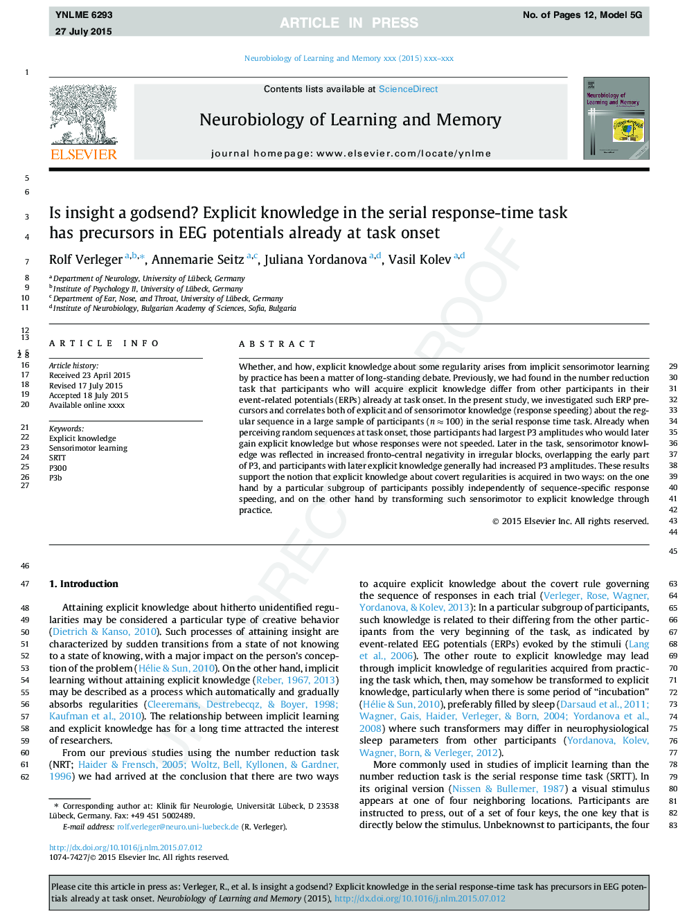 Is insight a godsend? Explicit knowledge in the serial response-time task has precursors in EEG potentials already at task onset