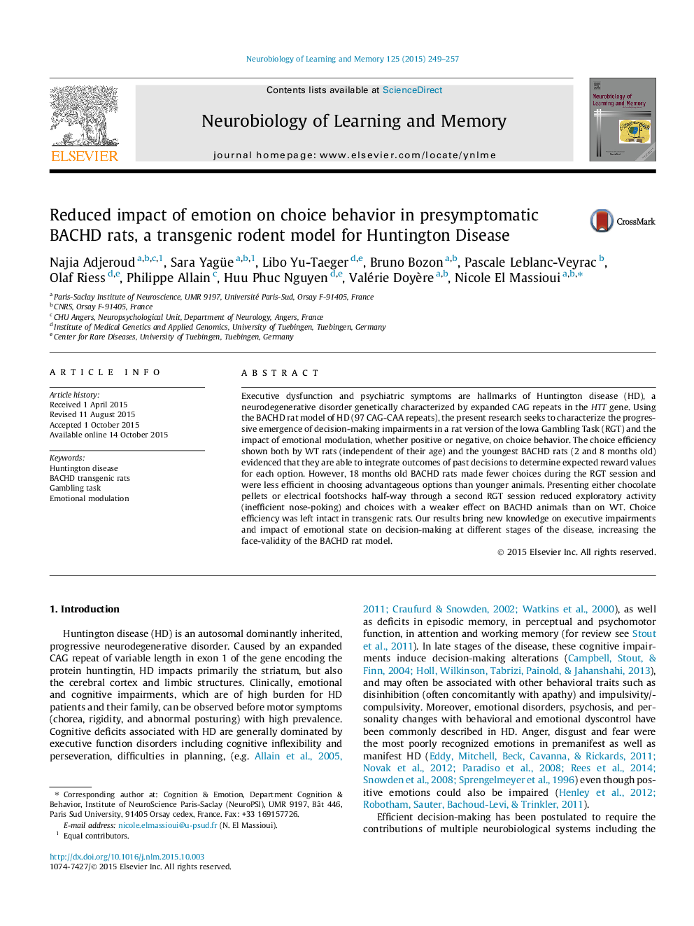 Reduced impact of emotion on choice behavior in presymptomatic BACHD rats, a transgenic rodent model for Huntington Disease