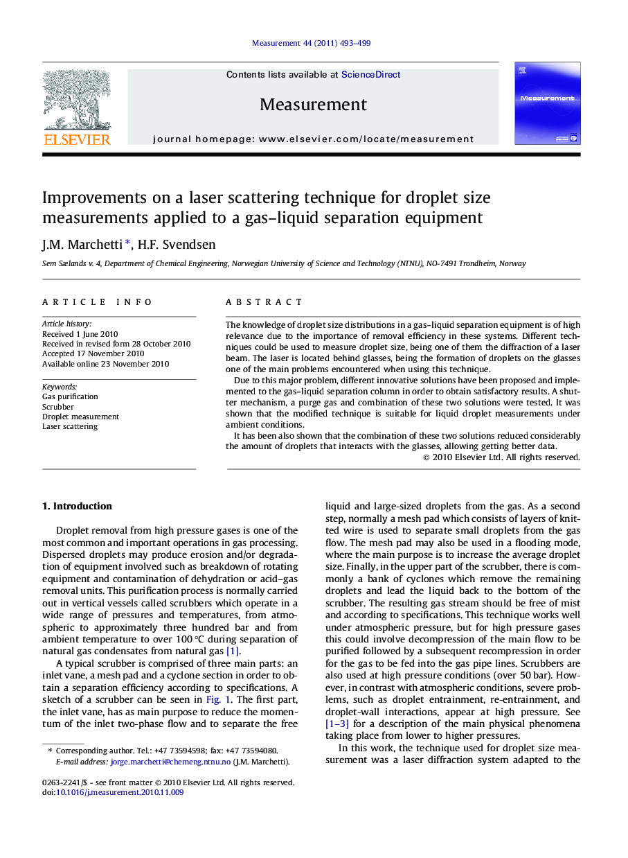 Improvements on a laser scattering technique for droplet size measurements applied to a gas-liquid separation equipment