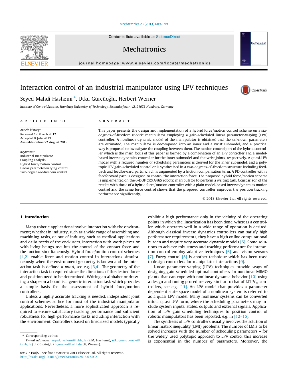 Interaction control of an industrial manipulator using LPV techniques