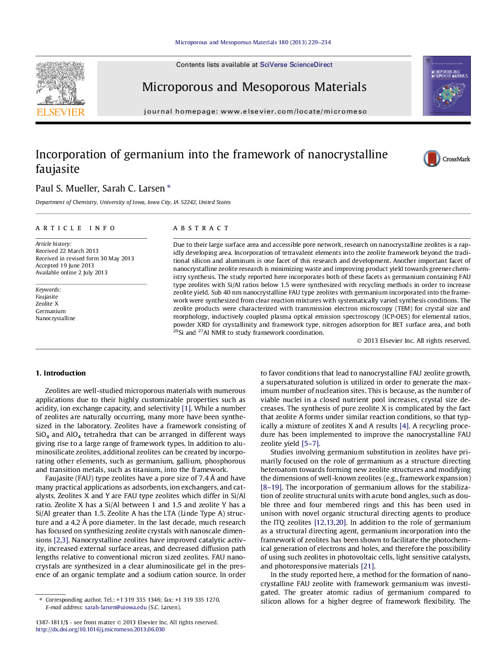 Incorporation of germanium into the framework of nanocrystalline faujasite