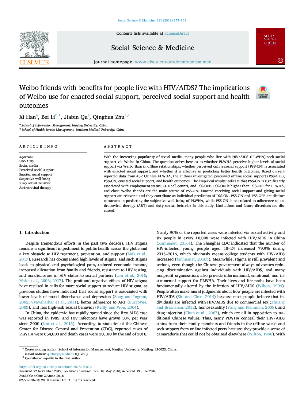 Weibo friends with benefits for people live with HIV/AIDS? The implications of Weibo use for enacted social support, perceived social support and health outcomes