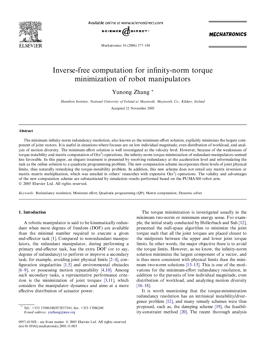 Inverse-free computation for infinity-norm torque minimization of robot manipulators