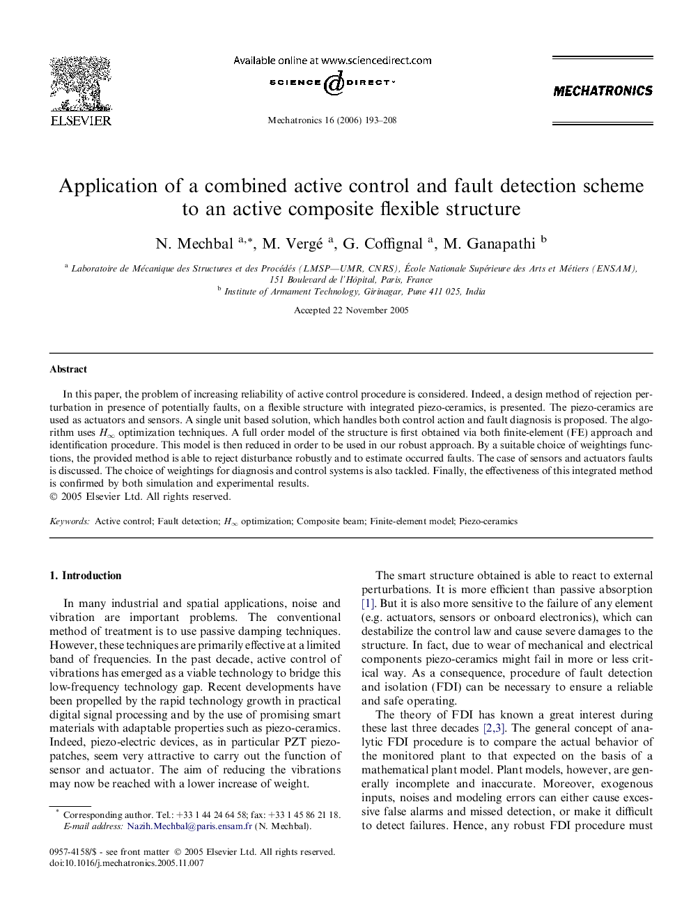 Application of a combined active control and fault detection scheme to an active composite flexible structure