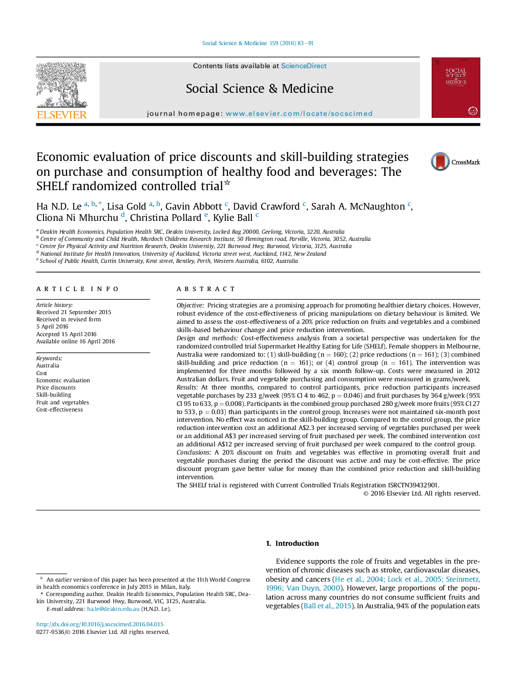 Economic evaluation of price discounts and skill-building strategies on purchase and consumption of healthy food and beverages: The SHELf randomized controlled trial