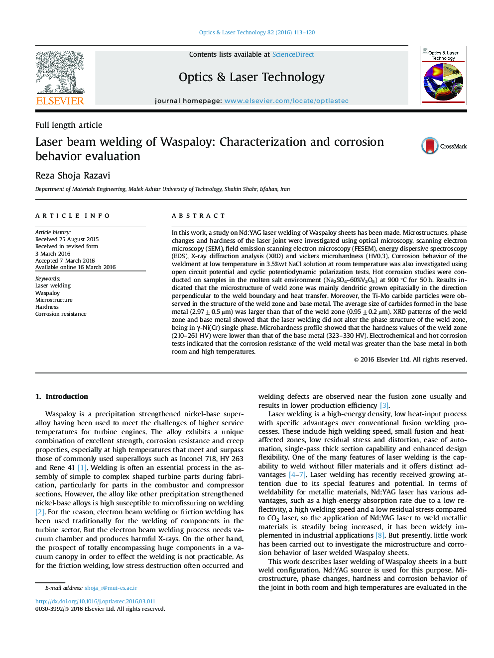 Laser beam welding of Waspaloy: Characterization and corrosion behavior evaluation