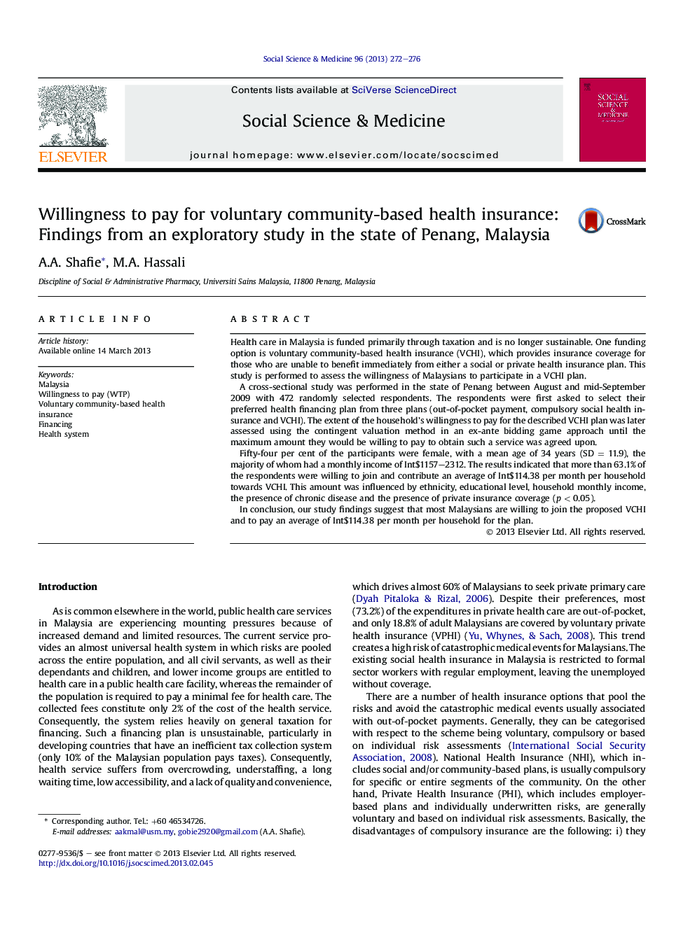 آمادگی برای پرداخت داوطلبانه بیمه درمانی بر اساس جامعه: یافته های یک مطالعه اکتشافی در ایالت پنانگ، مالزی 