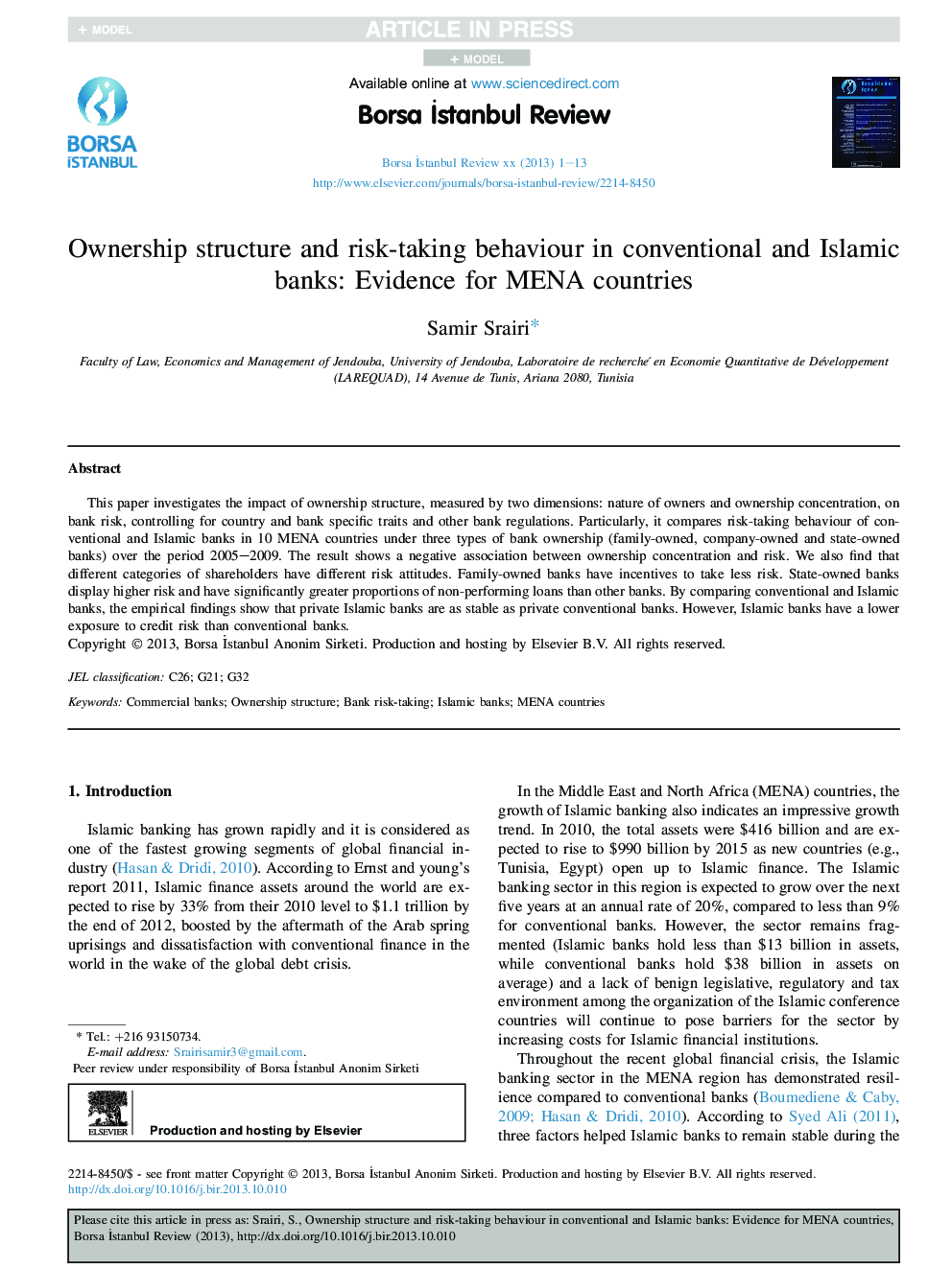 Ownership structure and risk-taking behaviour in conventional and Islamic banks: Evidence for MENA countries