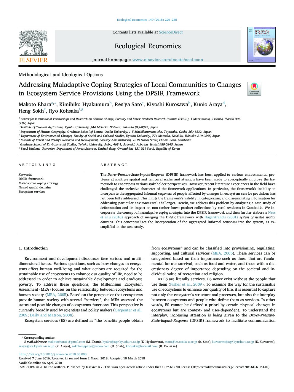 Addressing Maladaptive Coping Strategies of Local Communities to Changes in Ecosystem Service Provisions Using the DPSIR Framework