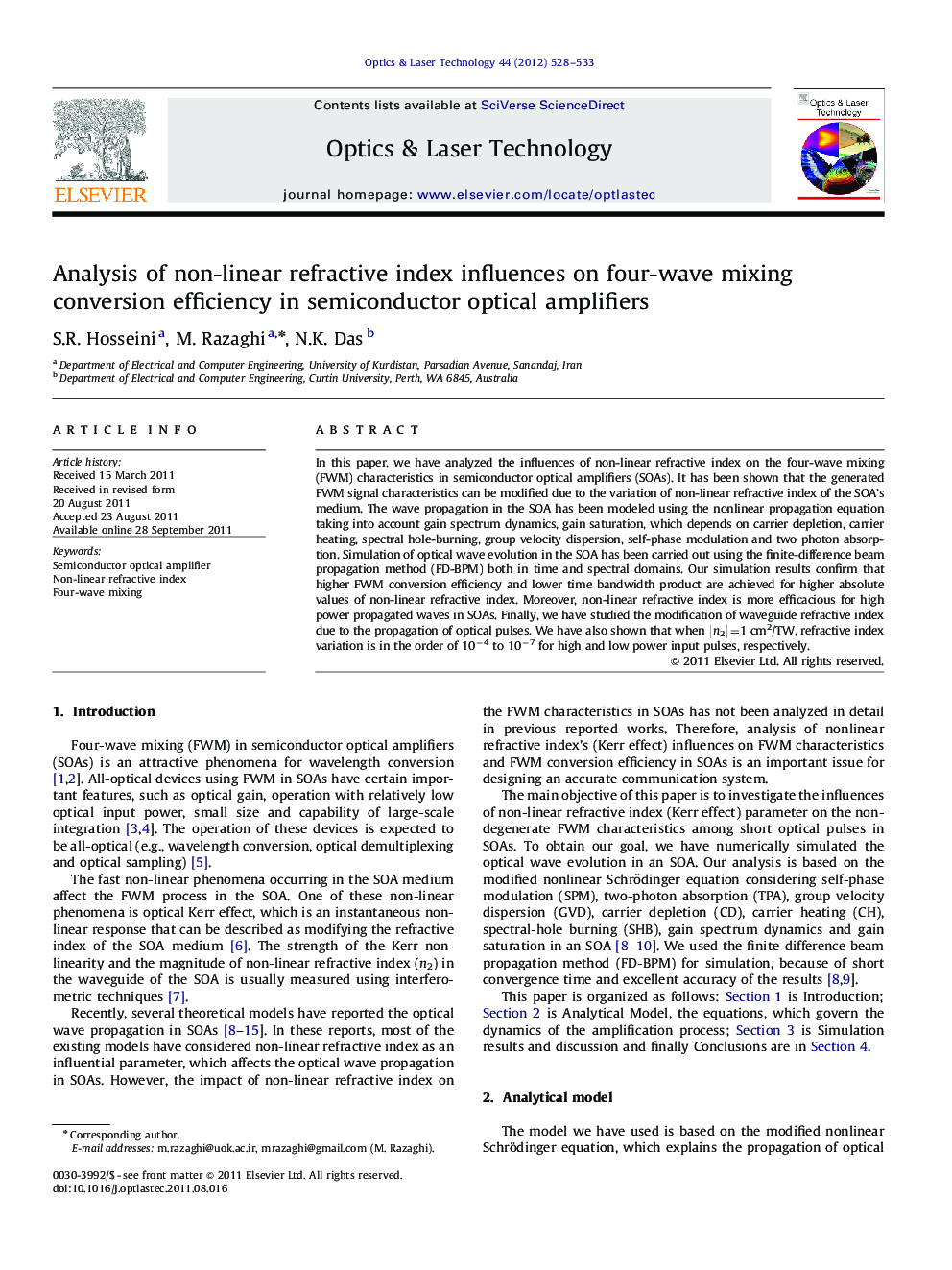 Analysis of non-linear refractive index influences on four-wave mixing conversion efficiency in semiconductor optical amplifiers