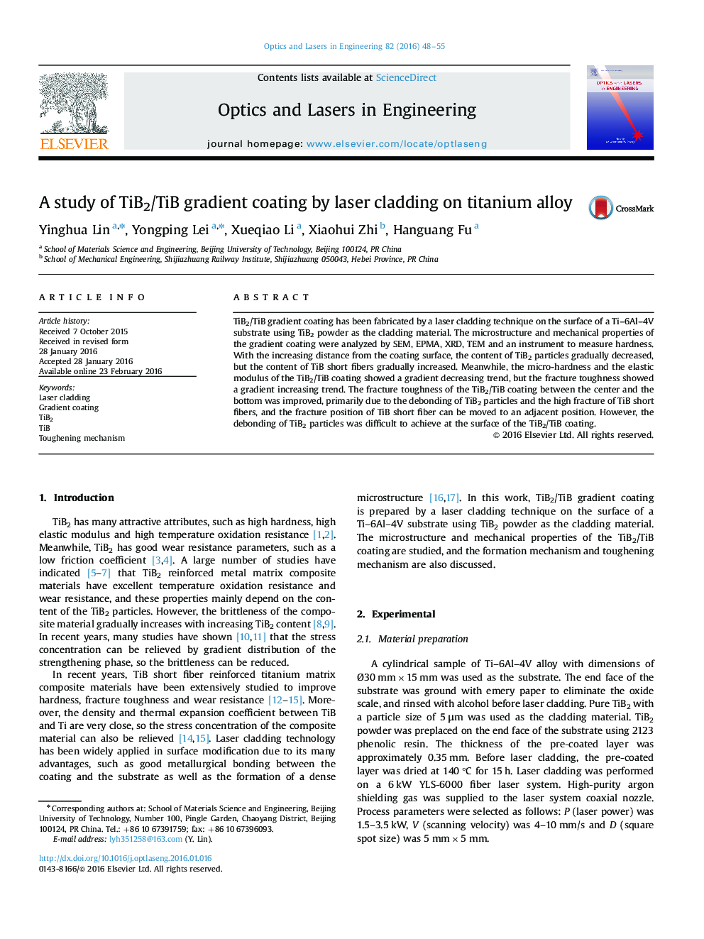 A study of TiB2/TiB gradient coating by laser cladding on titanium alloy