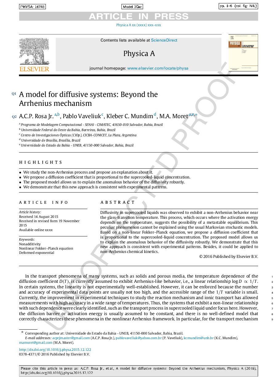 A model for diffusive systems: Beyond the Arrhenius mechanism