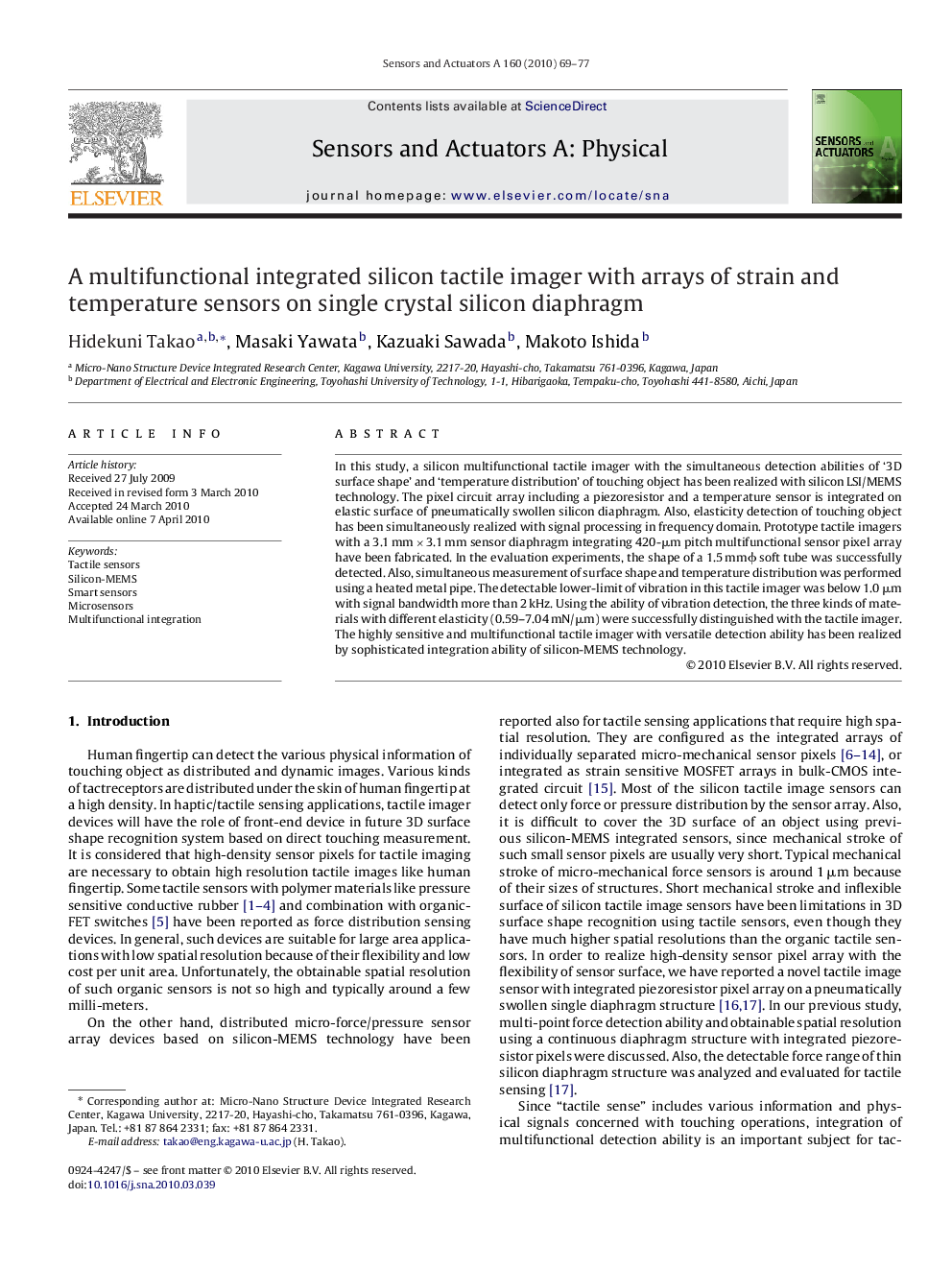 A multifunctional integrated silicon tactile imager with arrays of strain and temperature sensors on single crystal silicon diaphragm