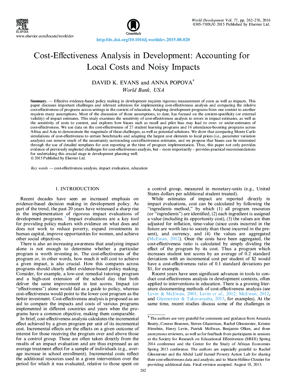 تجزیه و تحلیل هزینه-اثربخشی در توسعه: حسابداری برای هزینه های محلی و اثرات سر و صدا 