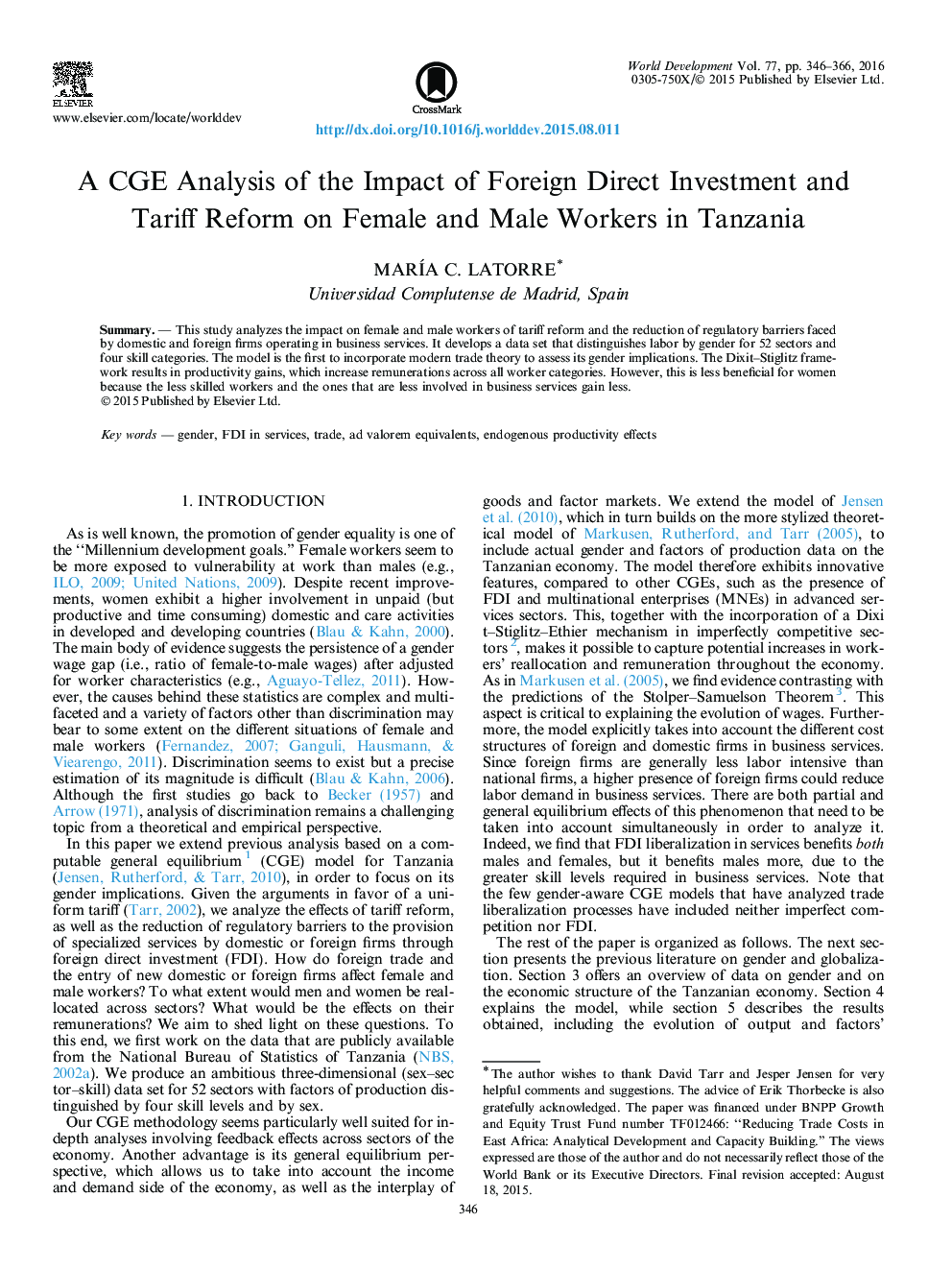 A CGE Analysis of the Impact of Foreign Direct Investment and Tariff Reform on Female and Male Workers in Tanzania