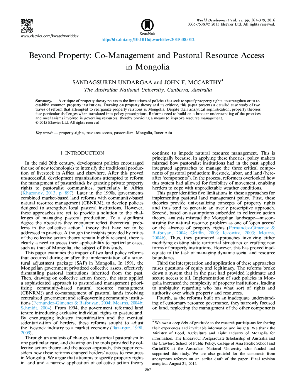 Beyond Property: Co-Management and Pastoral Resource Access in Mongolia