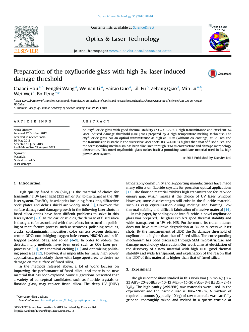 Preparation of the oxyfluoride glass with high 3ω laser induced damage threshold