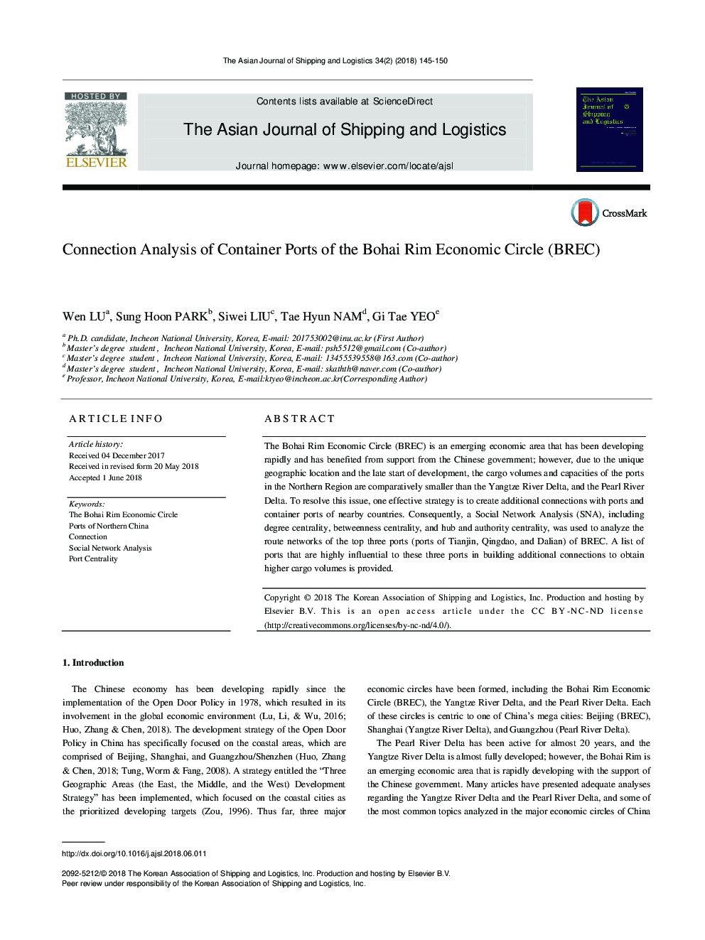 Connection Analysis of Container Ports of the Bohai Rim Economic Circle (BREC)