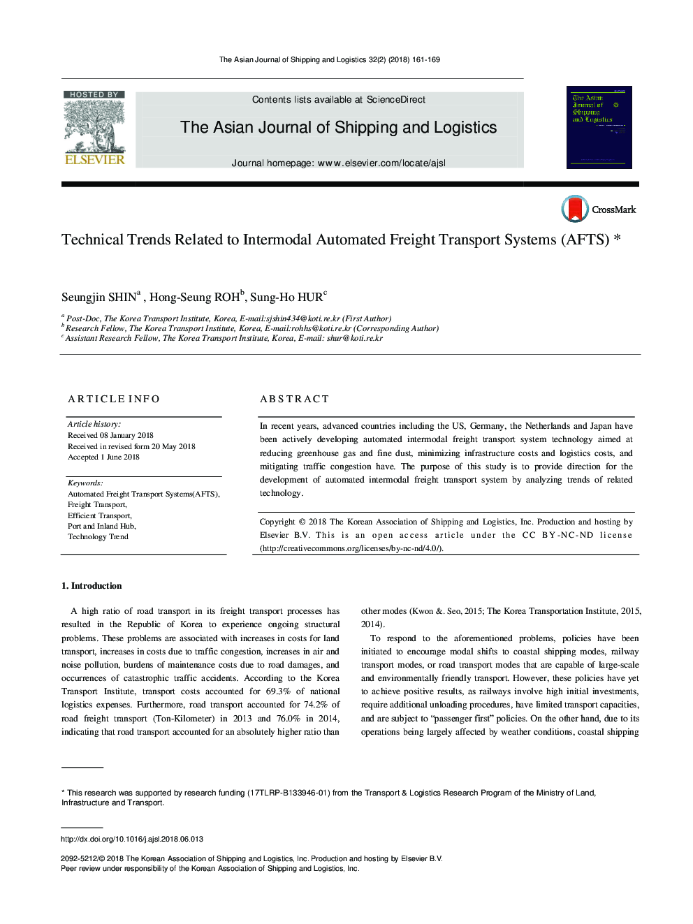 Technical Trends Related to Intermodal Automated Freight Transport Systems (AFTS) *