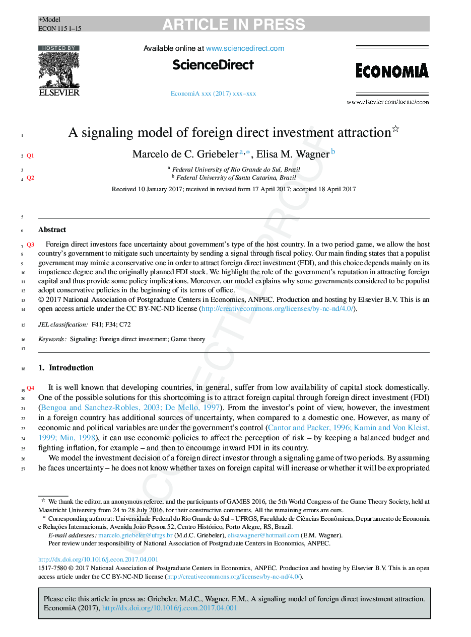 یک مدل سیگنال جذابیت سرمایه گذاری مستقیم خارجی 