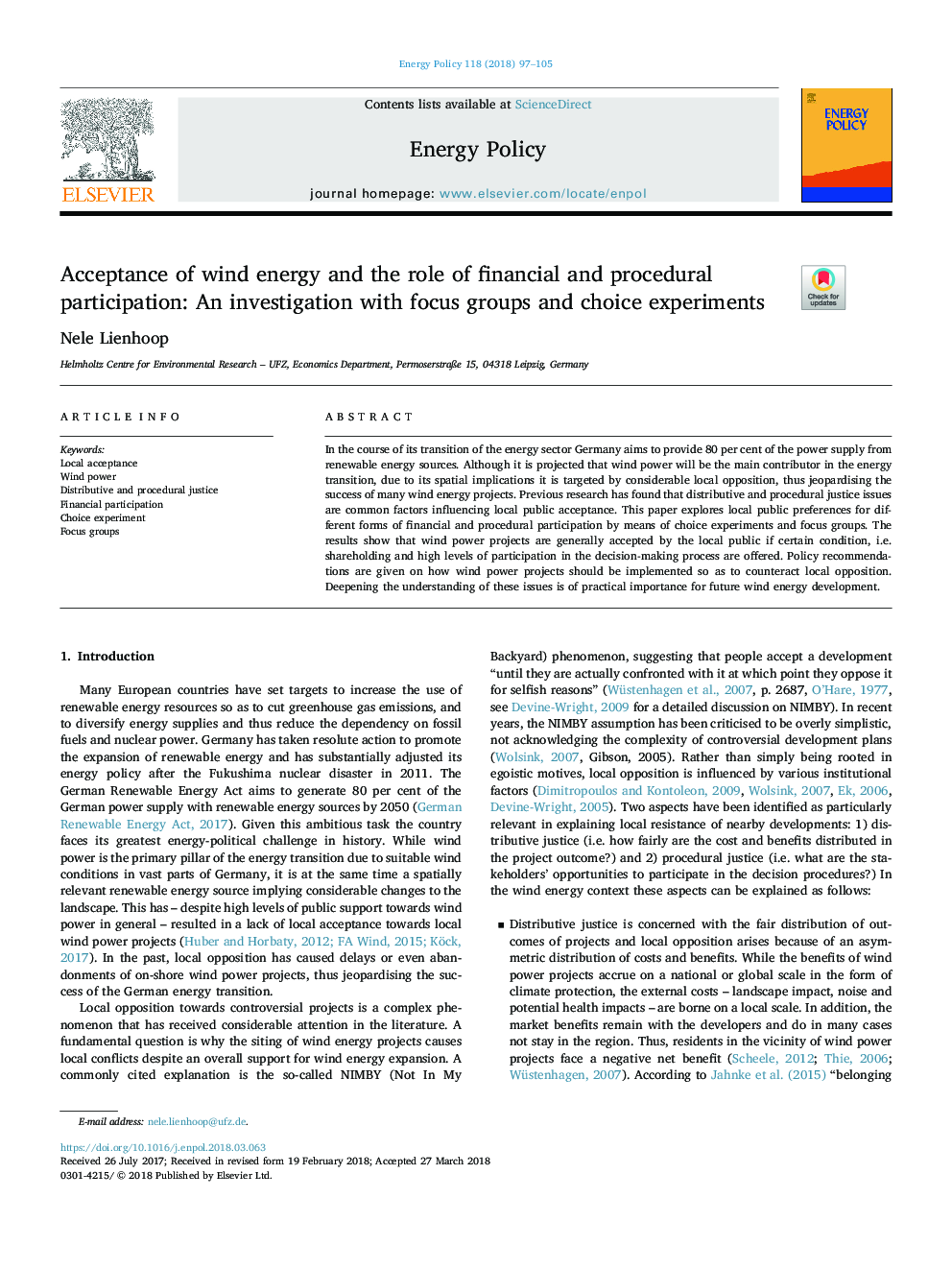 پذیرش انرژی باد و نقش مشارکت مالی و رویه ای: تحقیق با گروه های تمرکز و آزمایش های انتخابی 