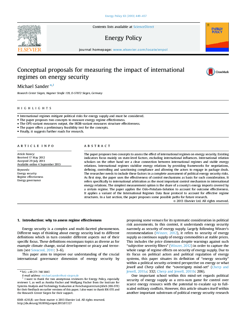 پیشنهادات مفهومی برای اندازه گیری تاثیر رژیم های بین المللی در امنیت انرژی 