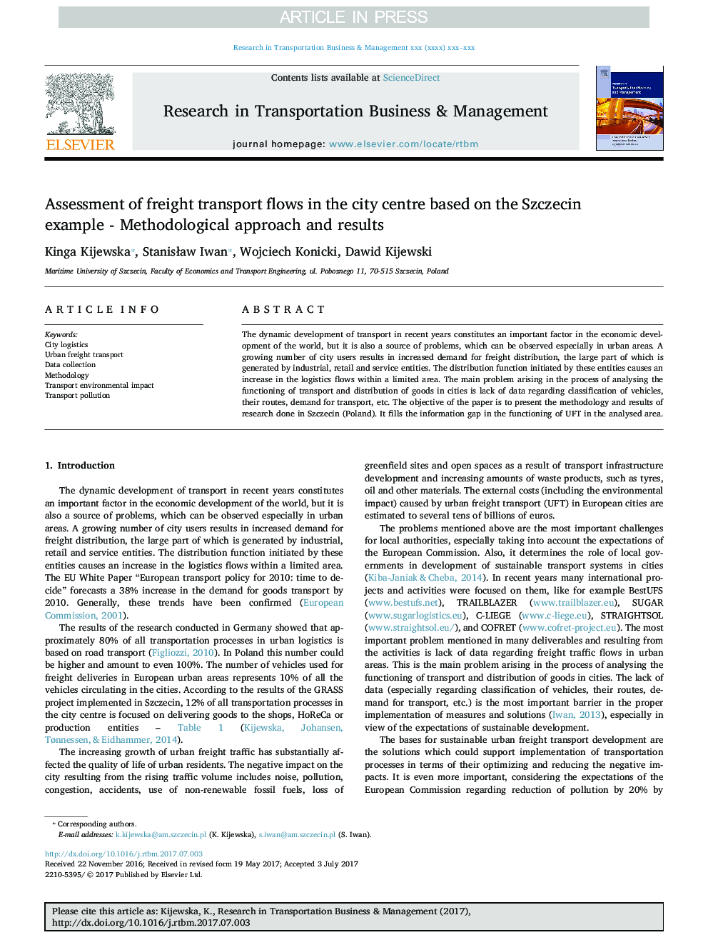 Assessment of freight transport flows in the city centre based on the Szczecin example - Methodological approach and results