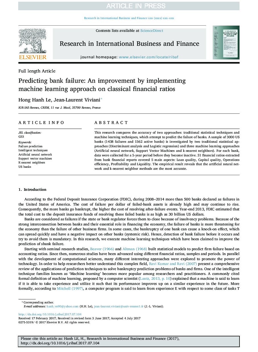 پیش بینی شکست بانک: بهبود با استفاده از رویکرد یادگیری ماشین به نسبت های مالی کلاسیک 