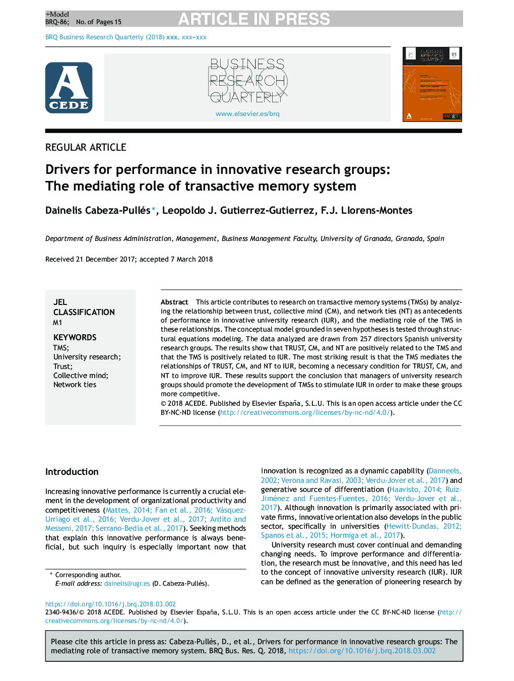 Drivers for performance in innovative research groups: The mediating role of transactive memory system