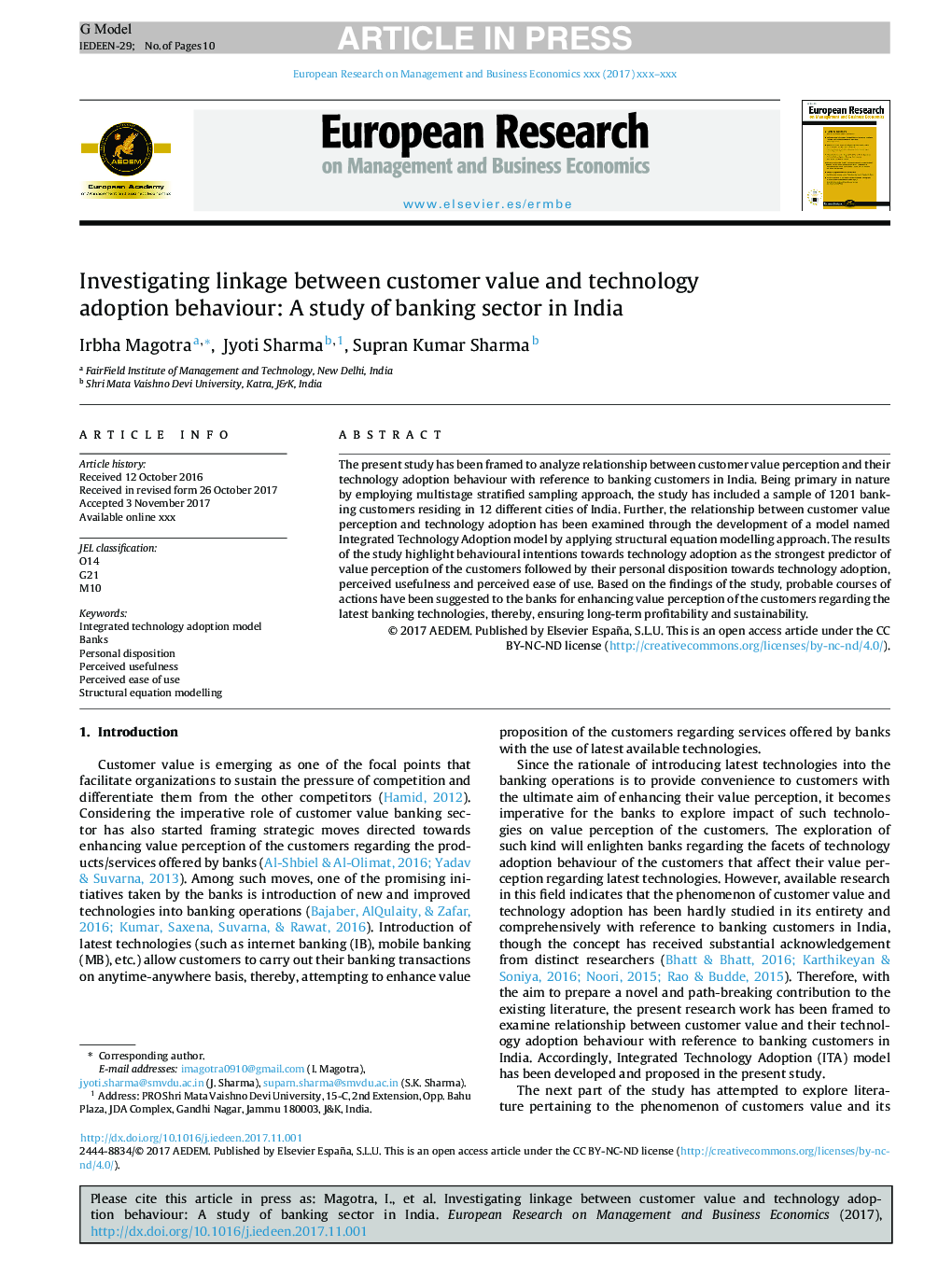 بررسی ارتباط بین ارزش مشتری و رفتار پذیرش فناوری: مطالعه در مورد بخش بانکی در هند 