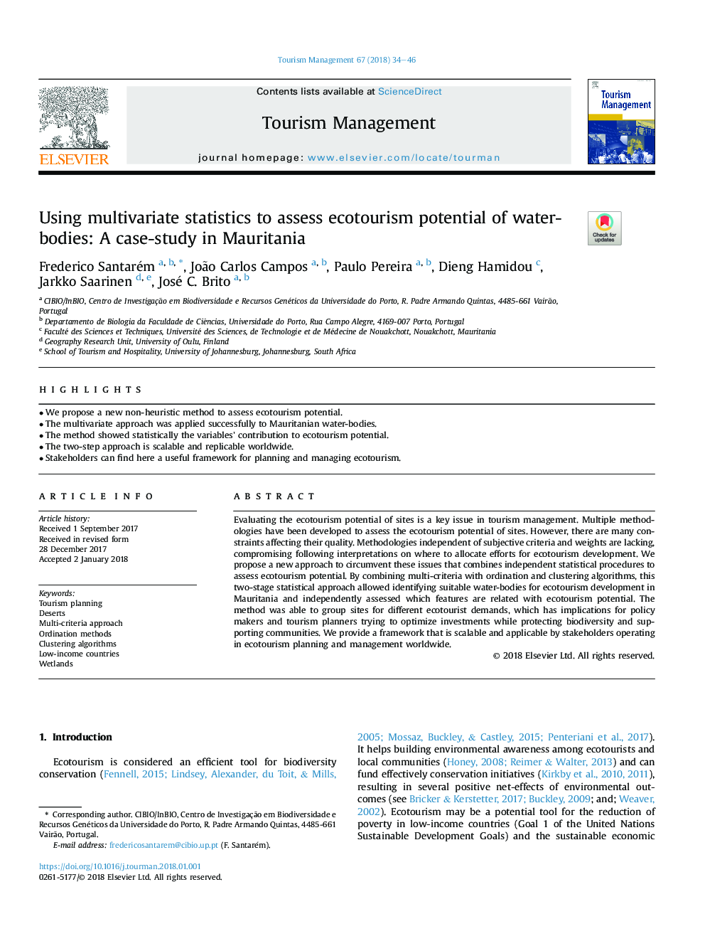 با استفاده از آمار چند متغیره برای ارزیابی پتانسیل اکوتوریسم بدن آب: مطالعه موردی در موریتانی 