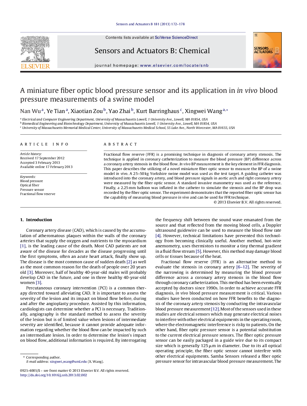 A miniature fiber optic blood pressure sensor and its application in in vivo blood pressure measurements of a swine model