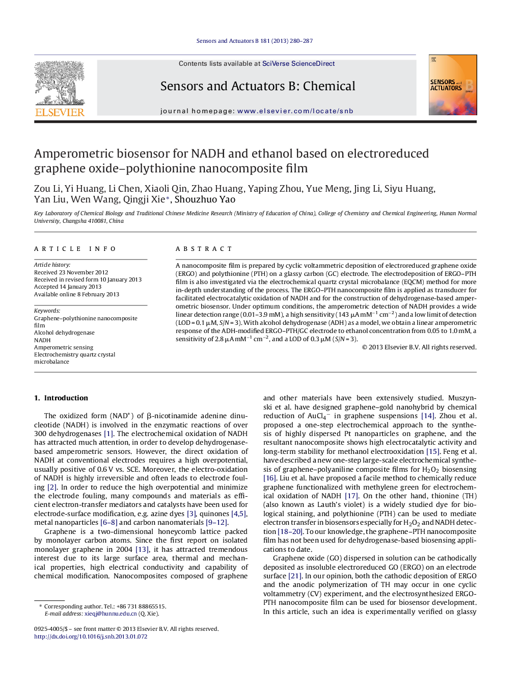 Amperometric biosensor for NADH and ethanol based on electroreduced graphene oxide–polythionine nanocomposite film