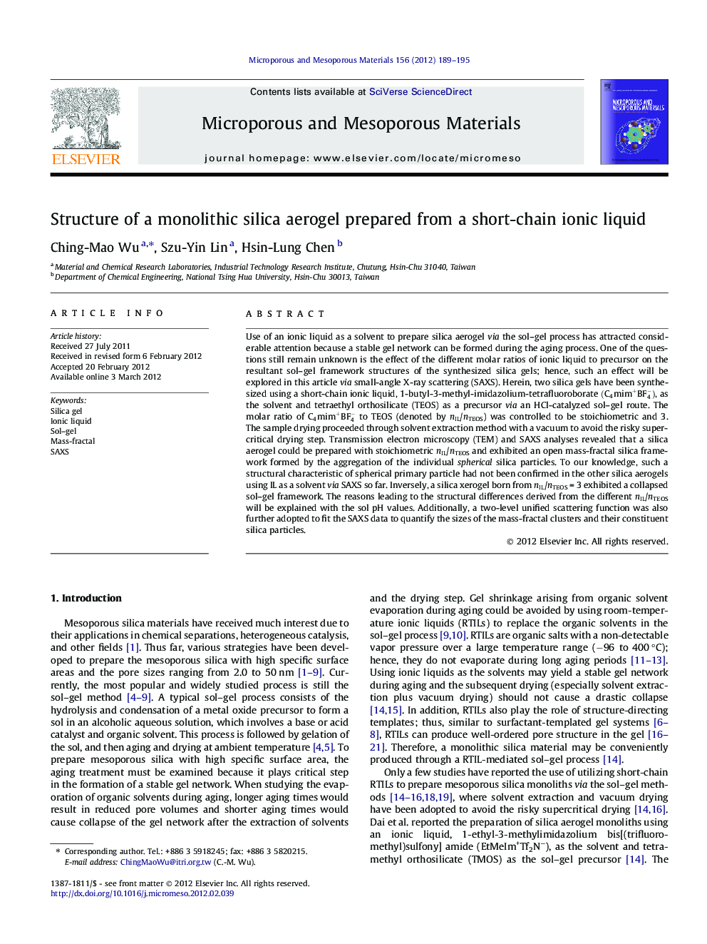 Structure of a monolithic silica aerogel prepared from a short-chain ionic liquid