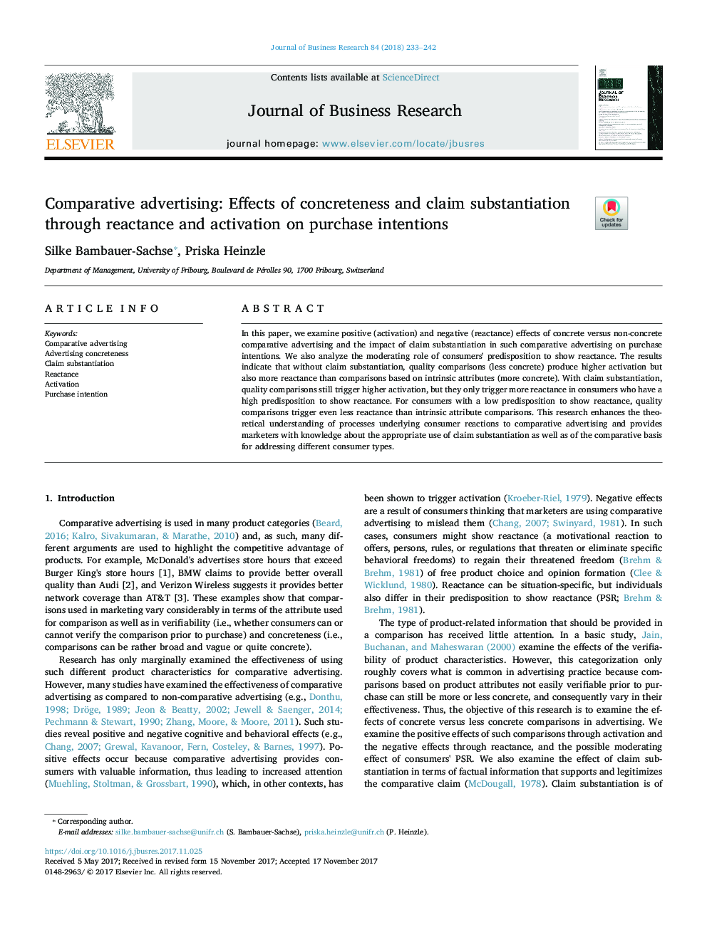 Comparative advertising: Effects of concreteness and claim substantiation through reactance and activation on purchase intentions